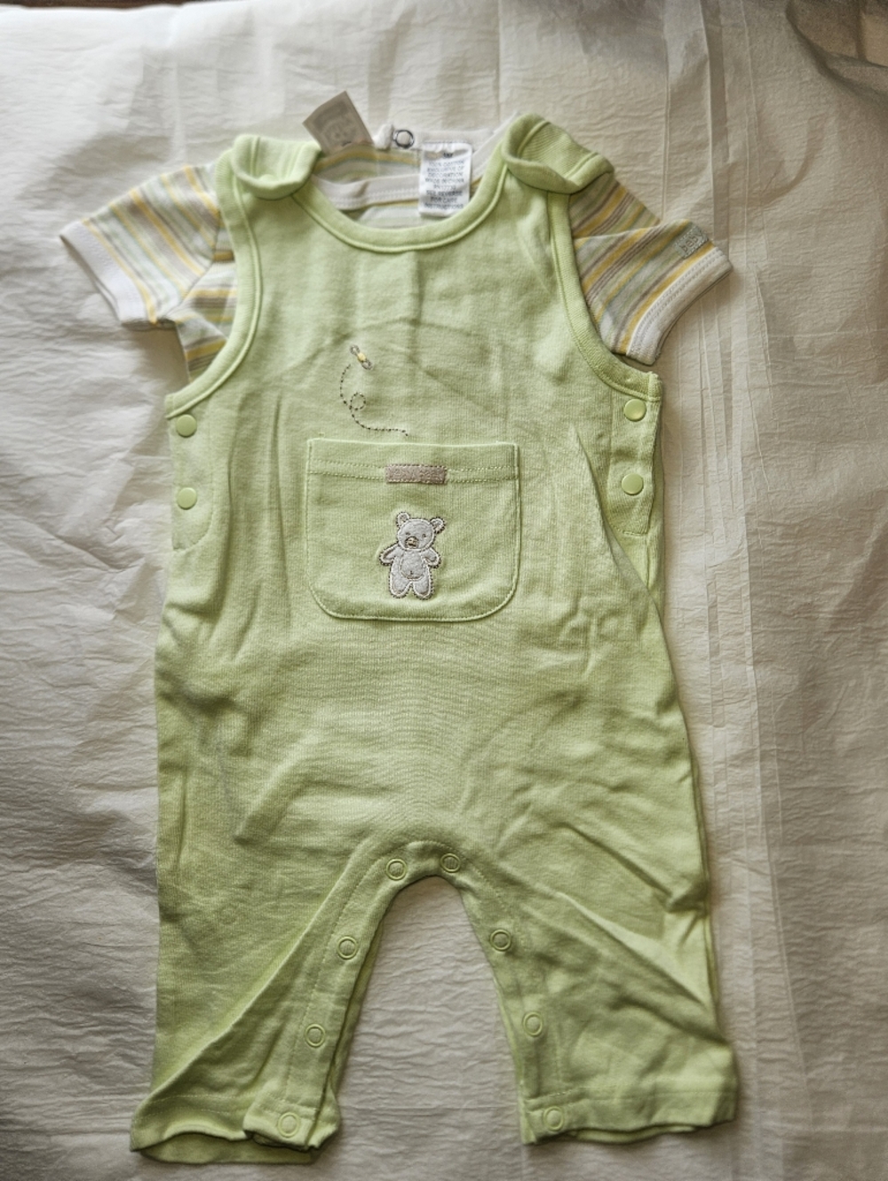Cherokee Pastel Green Infant Overalls with Striped T-shirt. 2 Piece Set